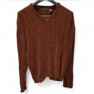Vintage Geoffrey Beene Men's XL V-Neck Chenille Sweater Rust Brown 90s Knit